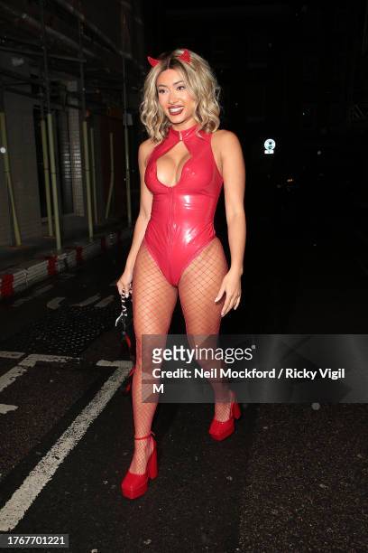 Kaz Crossley seen attending Maya Jama's Halloween party at OMEARA to celebrate Halloween 2023 on October 31, 2023 in London, England.