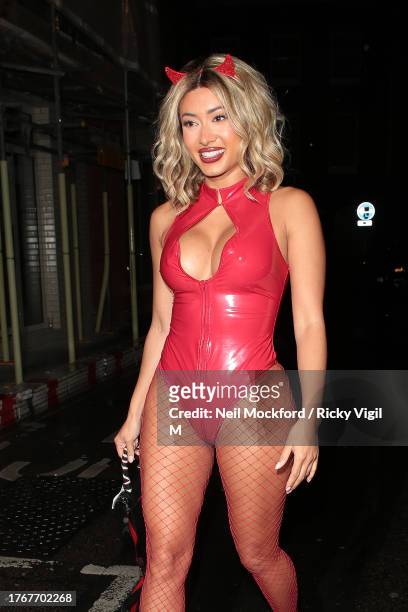 Kaz Crossley seen attending Maya Jama's Halloween party at OMEARA to celebrate Halloween 2023 on October 31, 2023 in London, England.