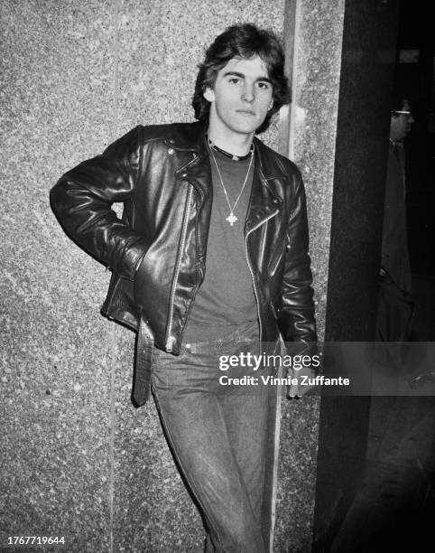 American actor Matt Dillon wearing a leather jacket, outside the cinema showcasing the new film he's starring in "Over the Edge", United States,...