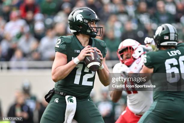 Michigan State Spartans quarterback Katin Houser stands in the pocket during a college football game between the Michigan State Spartans and Nebraska...