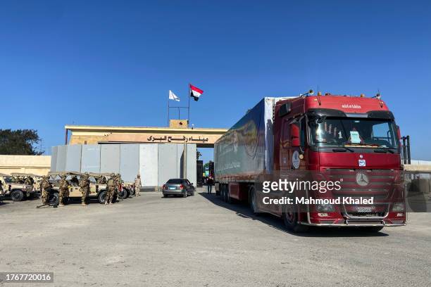 Aid convoy truck seen at Rafah border after offloading the aid in Gaza on November 6, 2023 in Rafah, Egypt. Since the outbreak of war between Israel...