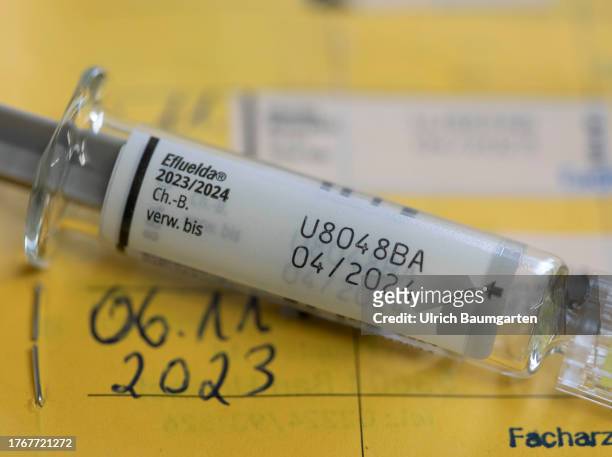 In this photo illustration a syringe with the flu vaccine Eflueld is seen with a vaccination certificate on November 06, 2023 in Bonn, Germany. The...