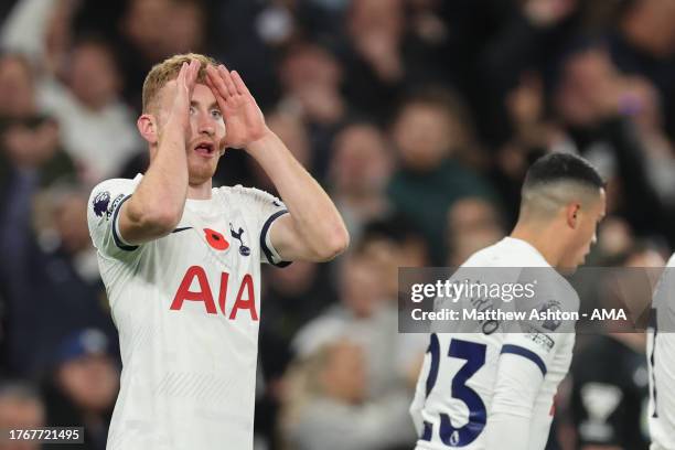 Dejan Kulusevski of Tottenham Hotspur celebrates after scoring a goal to make it 1-0 during the Premier League match between Tottenham Hotspur and...
