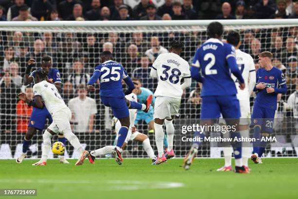 Moises Caicedo of Chelsea scores a goal to make it 1-1 during the Premier League match between Tottenham Hotspur and Chelsea FC at Tottenham Hotspur...