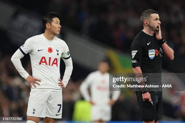 Son Heung-Min of Tottenham Hotspur talks to Referee Michael Oliver as his goal is disallowed for offside during the Premier League match between...