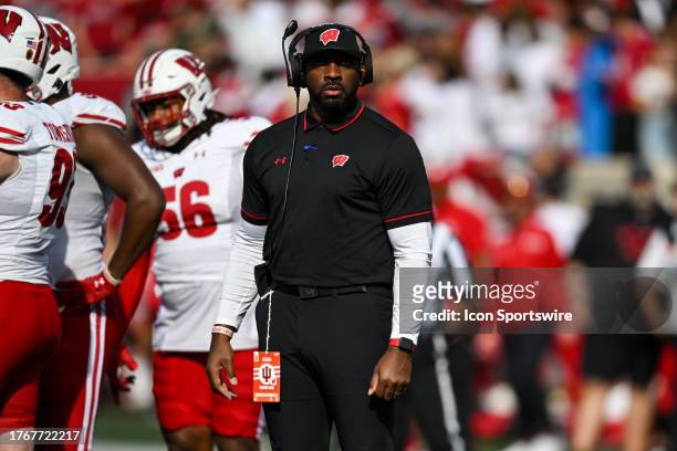 Wisconsin Defensive Line coach Greg Scruggs during a college football game between the Wisconsin Badgers and Indiana Hoosiers on November 4, 2023 at...