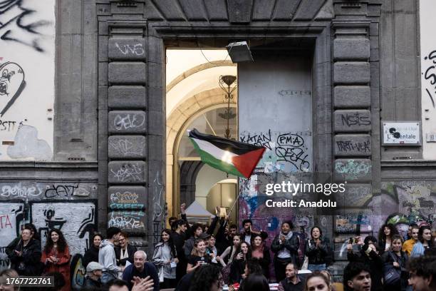 Group of students gather to show their support for Gaza at Giusso Palace, the central building of Naples Orientale University, in Naples, Italy on...