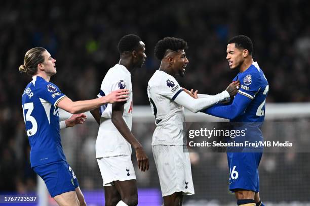 Levi Colwill and Conor Gallagher of Chelsea FC and Pape Matar Sarr and Emerson Royal of Tottenham Hotspur during the Premier League match between...