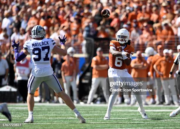 Texas Longhorns QB Maalik Murphy throws a pass during the college football game between the Kansas State Wildcats and the Texas Longhorns on November...