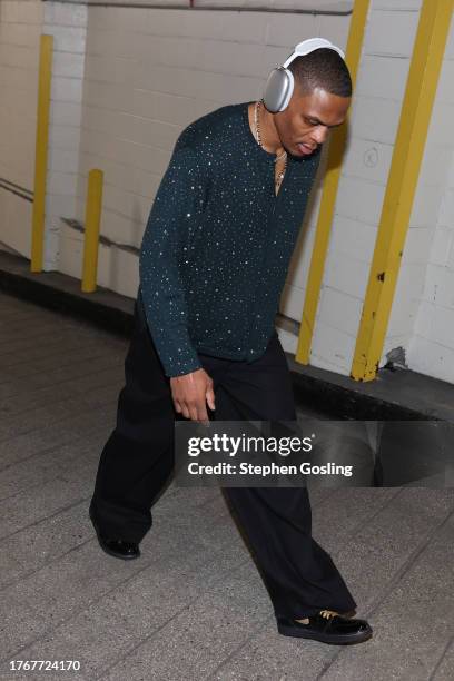 Russell Westbrook of the LA Clippers arrives to the arena before the game against the New York Knicks on November 6, 2023 at Madison Square Garden in...