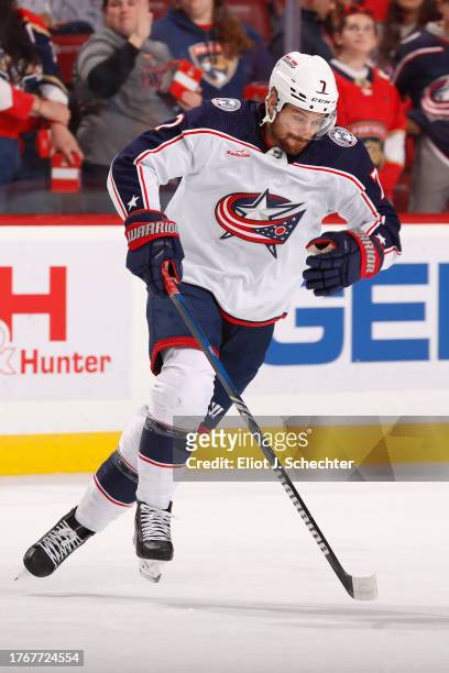 Sean Kuraly of the Columbus Blue Jackets warms up on the ice prior to the start of the game against the Florida Panthers at the Amerant Bank Arena on...