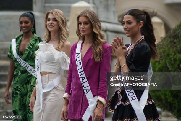 Contestants for Miss Universe 2023 of South Africa, Poland, Australia and El Salvador, greet the public during a visit by the Miss Universe 2023...