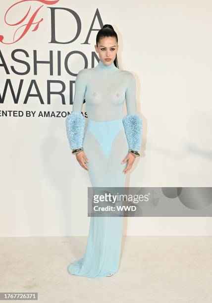Image contains partial nudity.) Amelia Hamlin at the 2023 CFDA Fashion Awards held at the American Museum of Natural History on November 6, 2023 in...