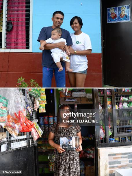 This combination image of two photographs created on October 24, 2023 shows Super Typhoon Haiyan survivor Juvilyn Tanega , posing with her partner...