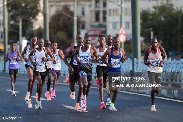 Istanbul, Turkey. Athletes running seen in action Istanbul Marathon was held with the motto of the run of the century, specially for the 100th...