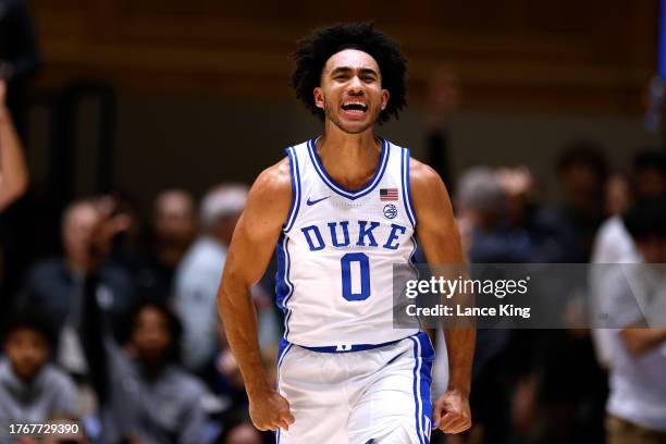 Jared McCain of the Duke Blue Devils reacts following a three-point basket during the first half of the game against the Dartmouth Big Green at...