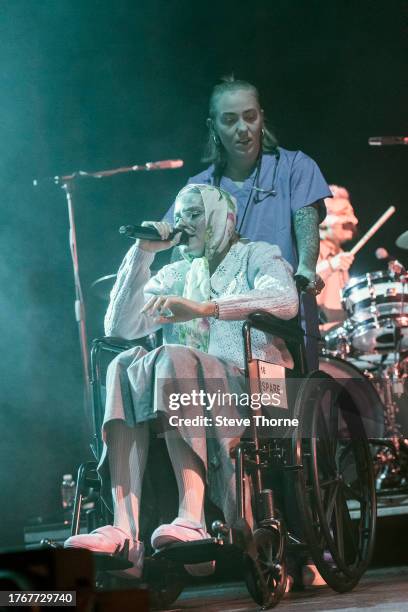 Lynn Gunn of Pvris performs at Utilita Arena, Birmingham on October 31, 2023 in Birmingham, England.