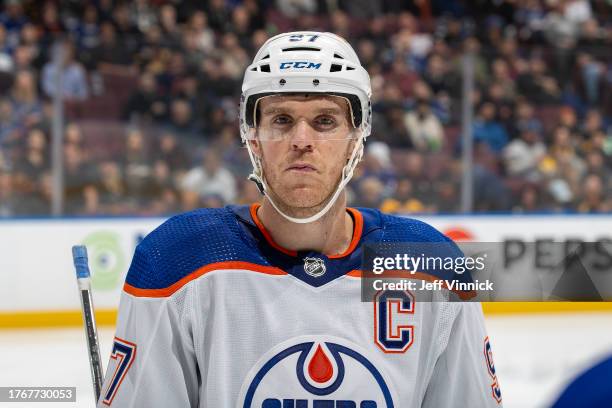 Connor McDavid of the Edmonton Oilers looks on dejected during the first period of their NHL game against the Vancouver Canucks at Rogers Arena on...