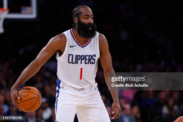 James Harden of the LA Clippers moves the ball against the New York Knicks during the third quarter of a game at Madison Square Garden on November 6,...