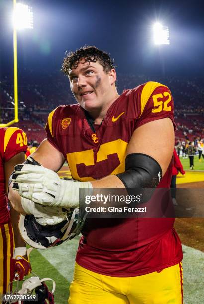 Trojans offensive lineman Jarrett Kingston leaves the field after the team's 52-42 loss to Washington at L.A. Memorial Coliseum November 4, 2023 in...