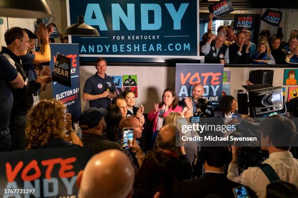 Incumbent Democratic Governor of Kentucky Andy Beshear speaks to a crowd on his last campaign stop before the election on November 6, 2023 in...