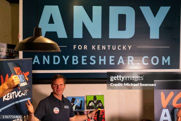 Incumbent Democratic Governor of Kentucky Andy Beshear speaks to a crowd on his last campaign stop before the election on November 6, 2023 in...