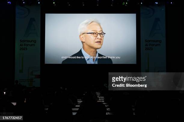 Kye Hyun Kyung, president and co-chief executive officer of Samsung Electronics Co., speaks a video link at the Samsung AI Forum in Suwon, South...