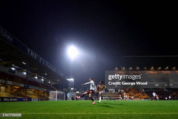 General view of play as Matthew Hendersson-Hall of Manchester City U21 controls the ball during the EFL Trophy match between Bradford City and...