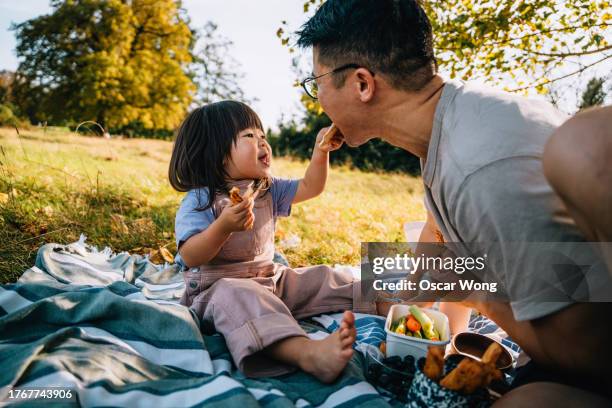 cute asian toddler girl feeding her father while enjoying picnic in nature - nepal celebrates kuse aunsi or fathers day for departed souls stock pictures, royalty-free photos & images