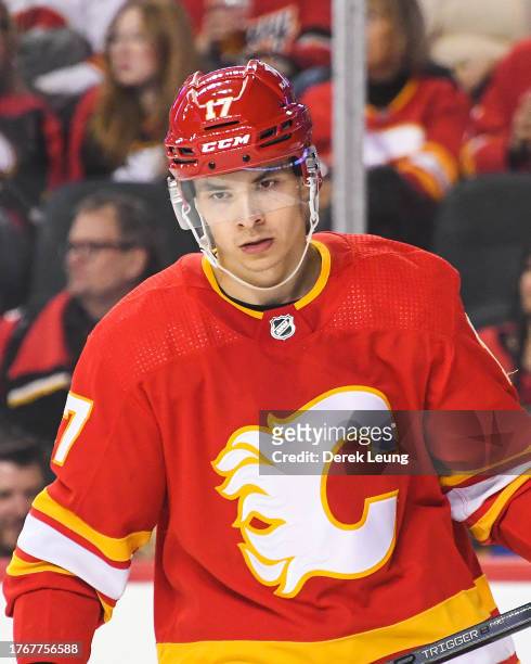 Yegor Sharangovich of the Calgary Flames in action against the St Louis Blues during an NHL game at Scotiabank Saddledome on October 26, 2023 in...