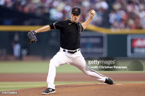 Joe Mantiply of the Arizona Diamondbacks pitches in the first inning against the Texas Rangers during Game Four of the World Series at Chase Field on...