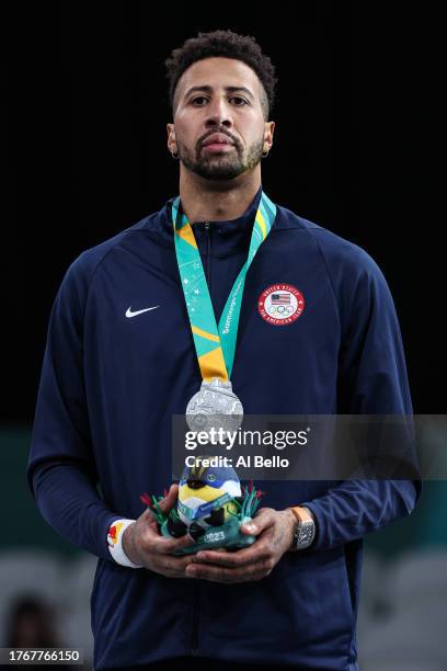 Miles Chamley-Watson of Team USA stands on the podium during the Fencing - Men’s Foil Individual Final at Parque Deportivo del Estadio Nacional on...