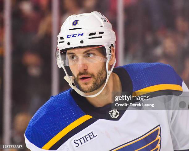 Marco Scandella of the St Louis Blues in action against the Calgary Flames during an NHL game at Scotiabank Saddledome on October 26, 2023 in...