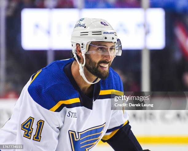 Robert Bortuzzo of the St Louis Blues in action against the Calgary Flames during an NHL game at Scotiabank Saddledome on October 26, 2023 in...