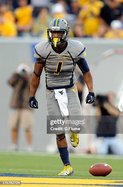 Tavon Austin the West Virginia Mountaineers reacts after a first down against the Maryland Terrapins on September 22, 2012 at Mountaineer Field in...