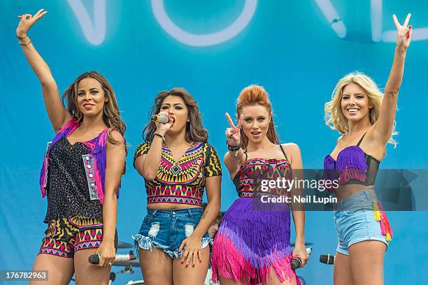 Rochelle Humes, Vanessa White, Una Healey and Mollie King of The Saturdays perform on day 2 of the V Festival at Hylands Park on August 18, 2013 in...