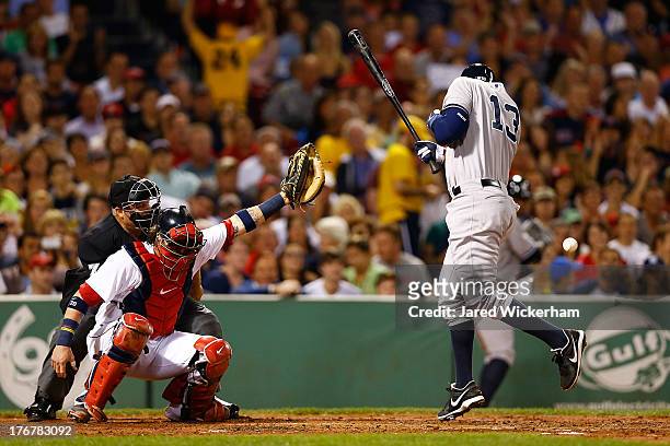 Alex Rodriguez of the New York Yankees is hit by a pitch in the second inning by Ryan Dempster of the Boston Red Sox during the game on August 18,...