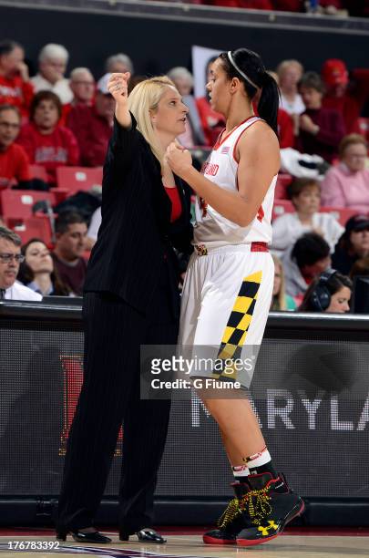 Head coach Brenda Frese of the Maryland Terrapins talks with Malina Howard during the game against the Michigan State Spartans at the Comcast Center...