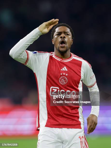 Chuba Akpom of Ajax celebrates 3-1 during the Dutch Eredivisie match between Ajax v SC Heerenveen at the Johan Cruijff Arena on November 5, 2023 in...