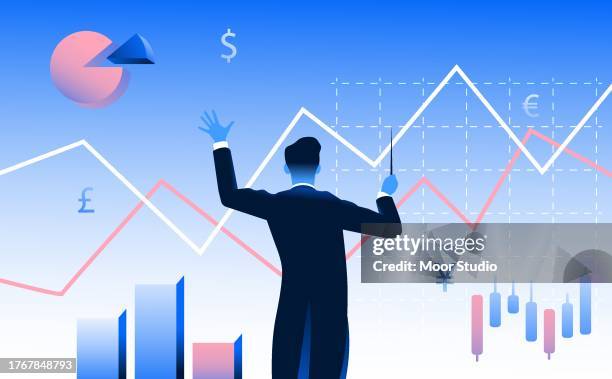 conductor managing business graphs and vector illustration - conducting business stock illustrations
