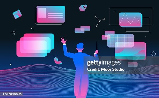 Dirigent verwaltet digitale Bildschirme Vektorillustration Dirigent verwaltet digitale Bildschirme Vektorillustration