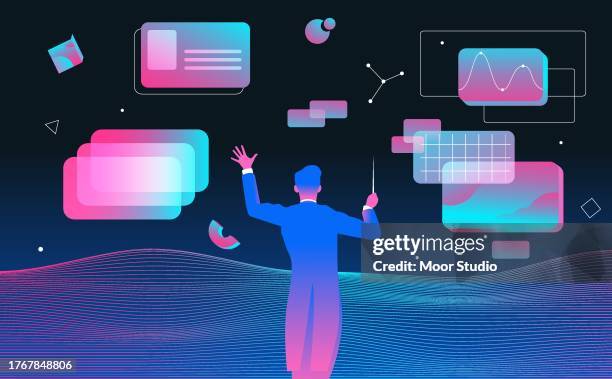 dirigent verwaltet digitale bildschirme vektorillustration - orchester stock-grafiken, -clipart, -cartoons und -symbole