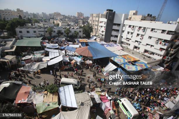 An aerial view shows the compound of Al-Shifa hospital in Gaza City on November 7 amid the ongoing battles between Israel and the Palestinian group...