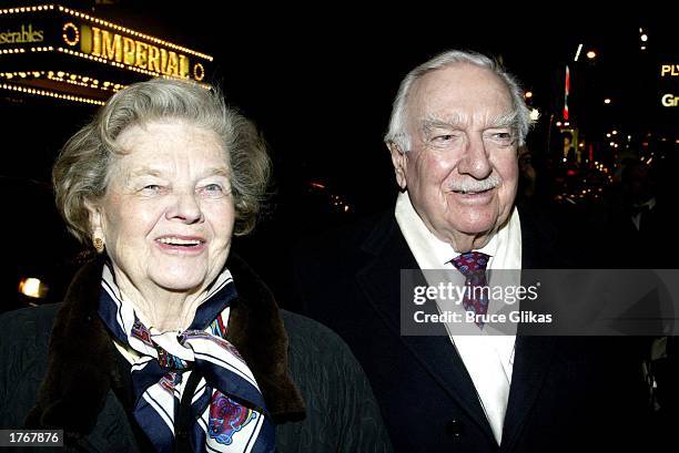 Betsy Maxwell with husband Walter Cronkite arrive at the opening night of "Ma Rainey's Black Bottom" by August Wilson at the Royale Theatre on...