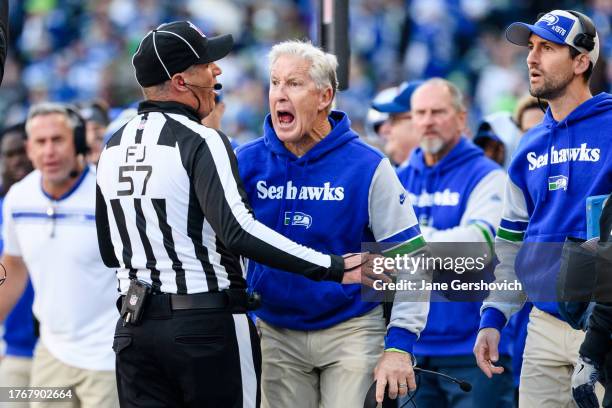 Head Coach Pete Carroll of the Seattle Seahawks reacts to a call during the second quarter of the game against the Cleveland Browns at Lumen Field on...