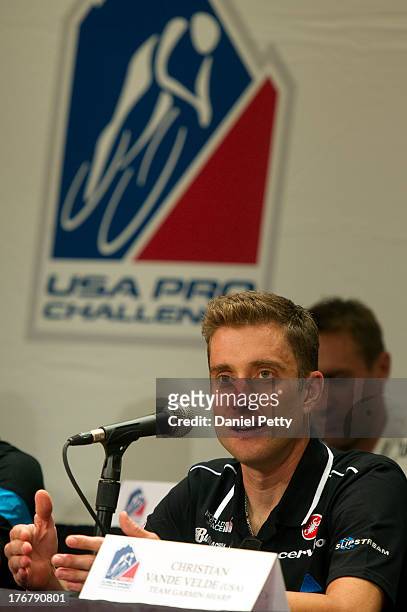 Christian Vande Velde of the United States riding for Boulder, Colorado-based team Garmin-Sharp speaks at a pre-race press conference for the USA Pro...