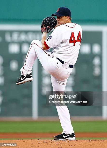 Jake Peavy of the Boston Red Sox pitches against the Arizona Diamondbacks during the game on August 3, 2013 at Fenway Park in Boston, Massachusetts.