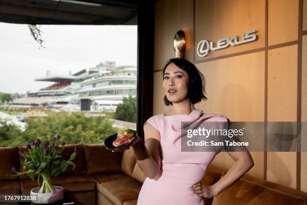 Melissa Leong poses in the Lexus Marquee during the Melbourne Cup Carnival Birdcage Media Preview Day at Flemington Racecourse on November 01, 2023...