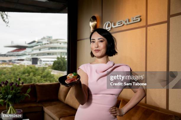 Melissa Leon poses in the Lexus Marquee during the Melbourne Cup Carnival Birdcage Media Preview Day at Flemington Racecourse on November 01, 2023 in...