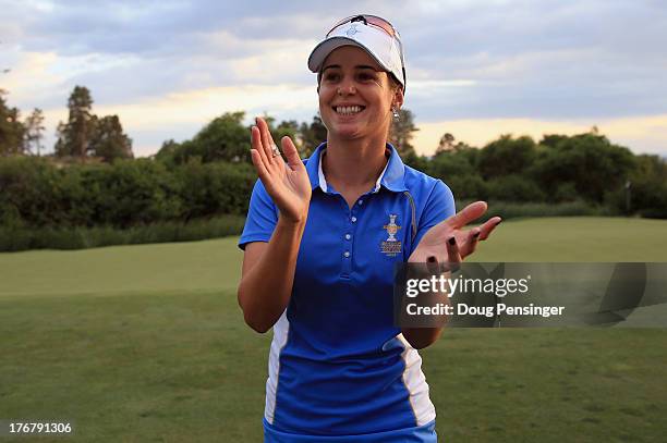 Beatriz Recari of Spain and the European Team celebrates after defeating Angela Stanford of the United States Team 2&1 on the 17th hole during the...